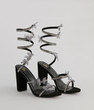 Step into style with the Mythical Babe Butterfly Rhinestone Spiral Stiletto Heels, black heels made to complete your Windsor look with comfort and glam in mind.