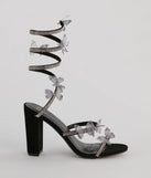 Elevate warm-weather looks with Mythical Babe Butterfly Rhinestone Spiral Stiletto Heels in black, a pair of trendy sandals bringing chic, modern flair to every step.