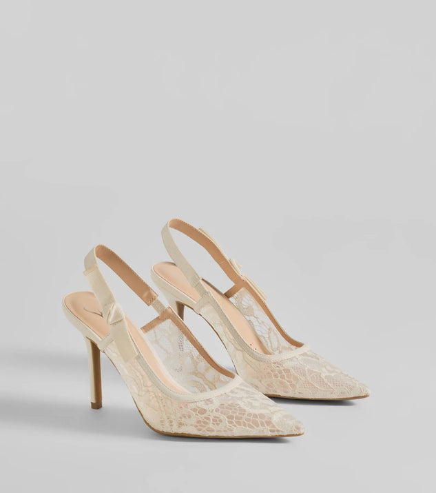 Get ready for any event with the Sweet Cuties Lace Slingback Stiletto Pumps in ivory, an essential start to creating a versatile outfit for women for parties, cocktail hours, or Valentine's Day events.