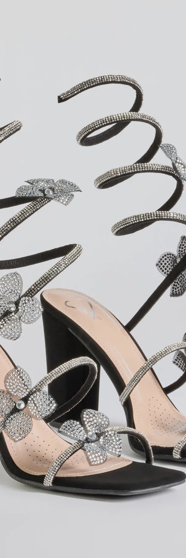 Major Beauty Rhinestone Floral Spiral Block Heels are the perfect prom shoes, featuring a stylish and comfortable design that's ideal for dancing all night. Available in Black.