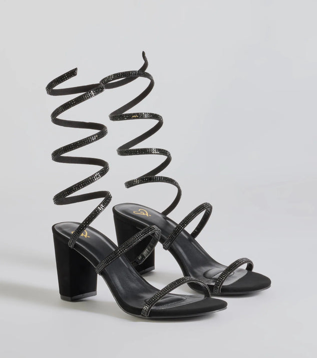 Get ready for any event with the Gorgeous Girl Rhinestone Spiral Nubuck Block Heels in black, an essential start to creating a versatile outfit for women for parties, cocktail hours, or Valentine's Day events.