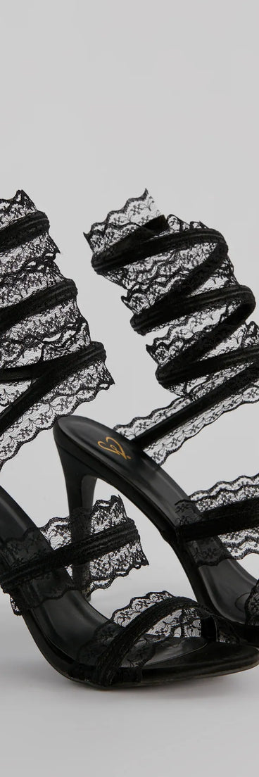 Get ready for any event with the Sultry Lace Spiral Strap Stiletto Heels in black, an essential start to creating a versatile outfit for women for parties, cocktail hours, or Valentine's Day events.