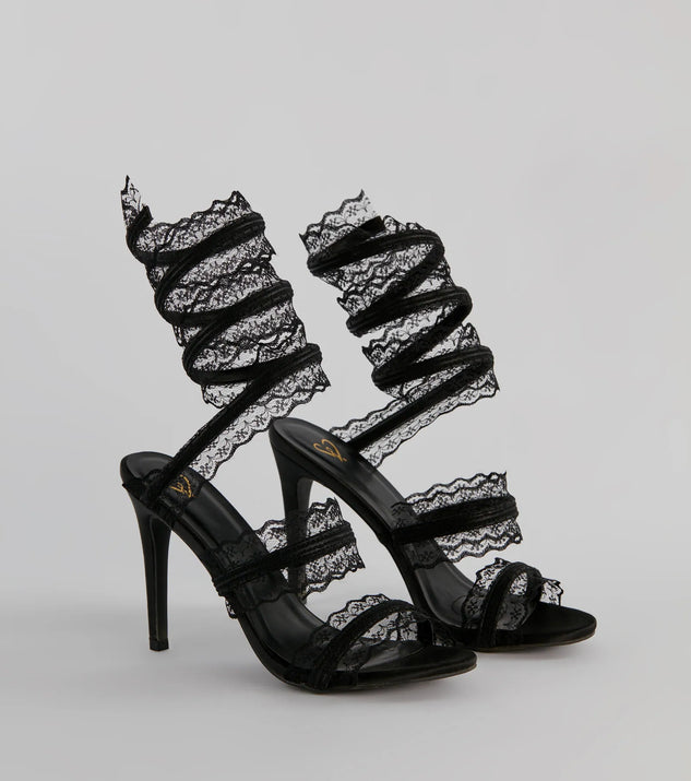 Get ready for any event with the Sultry Lace Spiral Strap Stiletto Heels in black, an essential start to creating a versatile outfit for women for parties, cocktail hours, or Valentine's Day events.