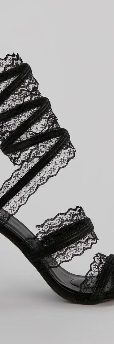 Get ready for any event with the Sultry Lace Spiral Strap Stiletto Heels in black, an essential start to creating a versatile outfit for women for parties, cocktail hours, or Valentine's Day events.
