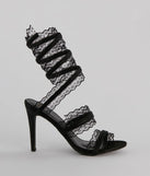 Get ready for any event with the Sultry Lace Spiral Strap Stiletto Heels in black, an essential start to creating a versatile outfit for women for parties, cocktail hours, or Valentine's Day events.