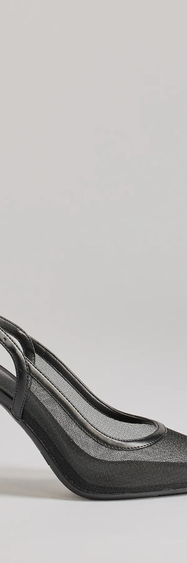 Elevate your work wardrobe with the Chic Sheer Mesh Sling-Back Stiletto Pumps in black, a versatile women's shoe perfect for the office; that combines style with comfort for seamless desk-to-dinner transitions.