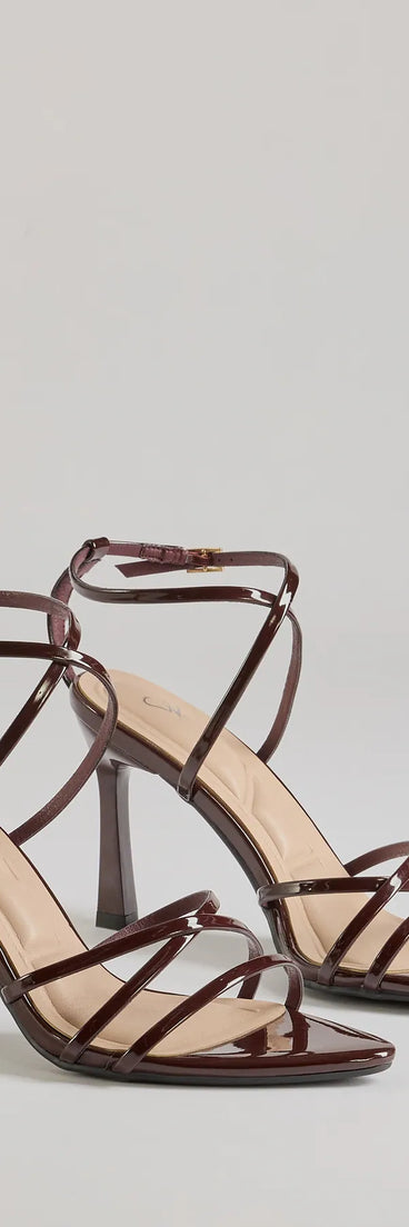 Elevate your work wardrobe with the Chic Patent Faux Leather Strappy Stiletto Heels in brown, a versatile women's shoe perfect for the office; that combines style with comfort for seamless desk-to-dinner transitions.