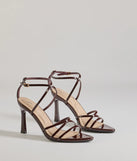 Elevate your work wardrobe with the Chic Patent Faux Leather Strappy Stiletto Heels in brown, a versatile women's shoe perfect for the office; that combines style with comfort for seamless desk-to-dinner transitions.