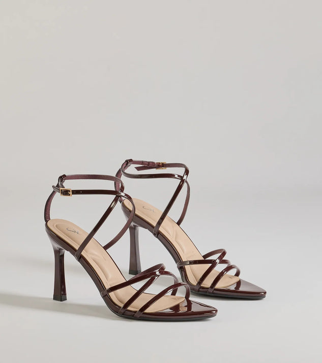 Elevate your work wardrobe with the Chic Patent Faux Leather Strappy Stiletto Heels in brown, a versatile women's shoe perfect for the office; that combines style with comfort for seamless desk-to-dinner transitions.