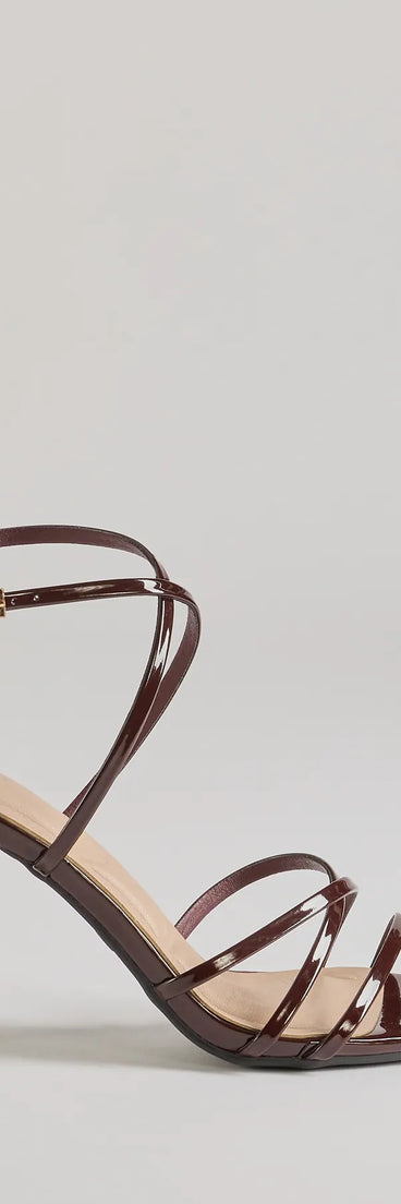 Elevate your work wardrobe with the Chic Patent Faux Leather Strappy Stiletto Heels in brown, a versatile women's shoe perfect for the office; that combines style with comfort for seamless desk-to-dinner transitions.