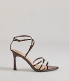 Elevate your work wardrobe with the Chic Patent Faux Leather Strappy Stiletto Heels in brown, a versatile women's shoe perfect for the office; that combines style with comfort for seamless desk-to-dinner transitions.