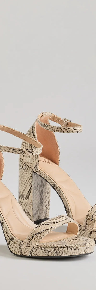 Elevate your work wardrobe with the Sassy Moment Snake Print Block Heels in snake, a versatile women's shoe perfect for the office; that combines style with comfort for seamless desk-to-dinner transitions.