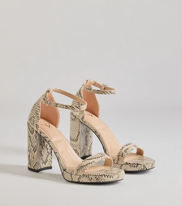 Elevate your work wardrobe with the Sassy Moment Snake Print Block Heels in snake, a versatile women's shoe perfect for the office; that combines style with comfort for seamless desk-to-dinner transitions.