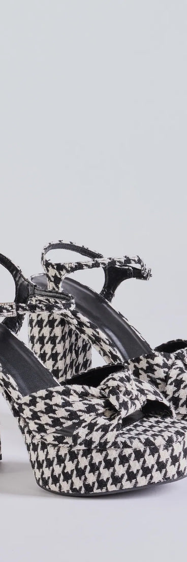 Elevate your work wardrobe with the Style Icon Houndstooth Platform Knot Block Heels in black, a versatile women's shoe perfect for the office; that combines style with comfort for seamless desk-to-dinner transitions.