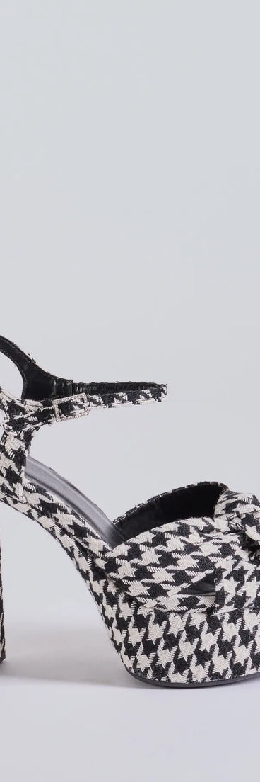 Elevate your work wardrobe with the Style Icon Houndstooth Platform Knot Block Heels in black, a versatile women's shoe perfect for the office; that combines style with comfort for seamless desk-to-dinner transitions.