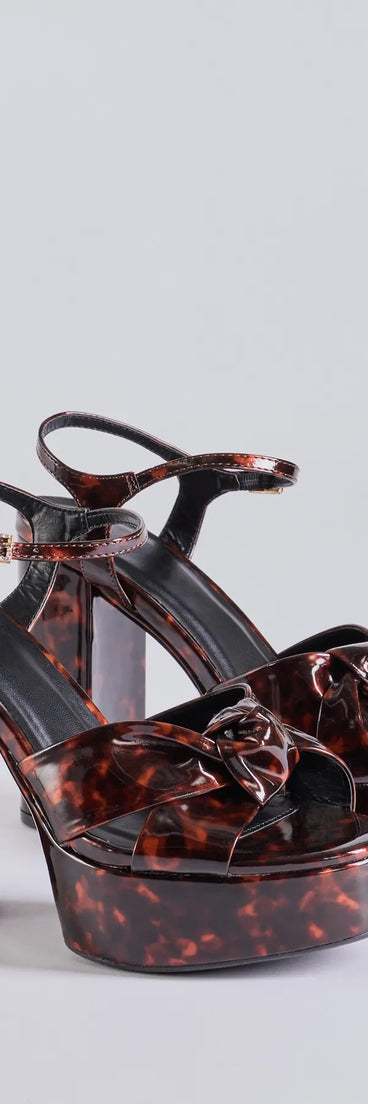 Elevate your work wardrobe with the Chic Impression Tortoise Print Platform Knot Heels in tortoise, a versatile women's shoe perfect for the office; that combines style with comfort for seamless desk-to-dinner transitions.