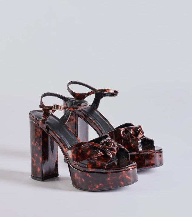 Elevate your work wardrobe with the Chic Impression Tortoise Print Platform Knot Heels in tortoise, a versatile women's shoe perfect for the office; that combines style with comfort for seamless desk-to-dinner transitions.