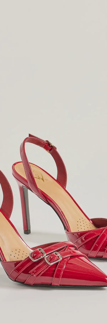 Elevate your work wardrobe with the Sleek Buckle Strap Sling-Back Stiletto Pumps in red, a versatile women's shoe perfect for the office; that combines style with comfort for seamless desk-to-dinner transitions.