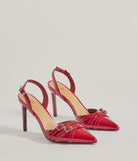 Elevate your work wardrobe with the Sleek Buckle Strap Sling-Back Stiletto Pumps in red, a versatile women's shoe perfect for the office; that combines style with comfort for seamless desk-to-dinner transitions.