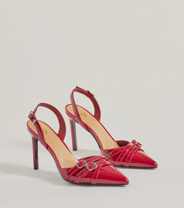 Elevate your work wardrobe with the Sleek Buckle Strap Sling-Back Stiletto Pumps in red, a versatile women's shoe perfect for the office; that combines style with comfort for seamless desk-to-dinner transitions.