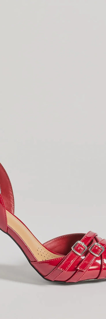 Elevate your work wardrobe with the Sleek Buckle Strap Sling-Back Stiletto Pumps in red, a versatile women's shoe perfect for the office; that combines style with comfort for seamless desk-to-dinner transitions.