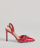 Elevate your work wardrobe with the Sleek Buckle Strap Sling-Back Stiletto Pumps in red, a versatile women's shoe perfect for the office; that combines style with comfort for seamless desk-to-dinner transitions.