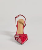 Elevate your work wardrobe with the Sleek Buckle Strap Sling-Back Stiletto Pumps in red, a versatile women's shoe perfect for the office; that combines style with comfort for seamless desk-to-dinner transitions.