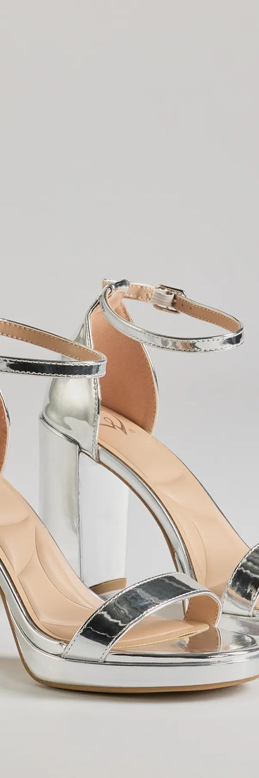 Step into style with the Glam Metallic Faux Leather Platform Block Heels, silver heels made to complete your Windsor look with comfort and glam in mind.