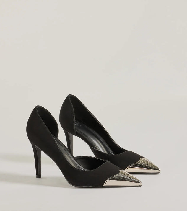Elevate your work wardrobe with the Country Chic Western Toe Cap Stiletto Pumps in black, a versatile women's shoe perfect for the office; that combines style with comfort for seamless desk-to-dinner transitions.