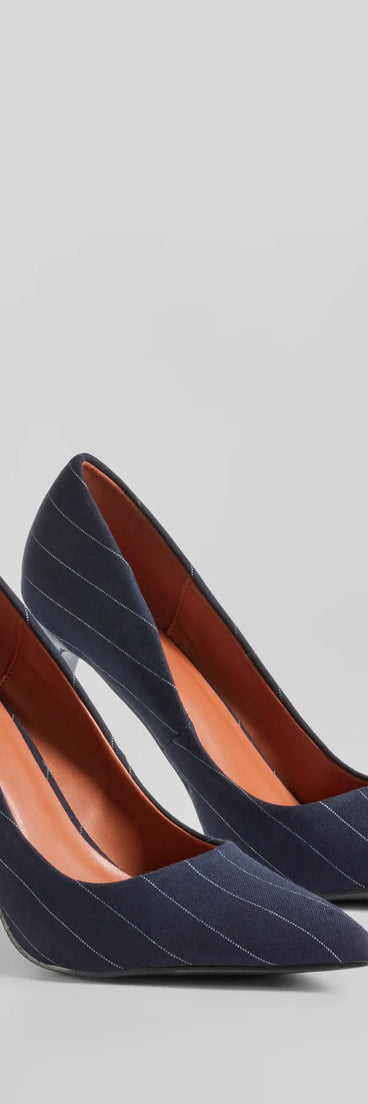 Elevate your work wardrobe with the Pursuit Of Chic Pinstriped Stiletto Pumps in navy, a versatile women's shoe perfect for the office; that combines style with comfort for seamless desk-to-dinner transitions.