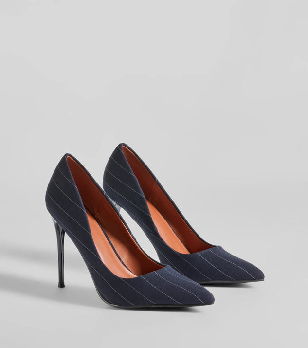Elevate your work wardrobe with the Pursuit Of Chic Pinstriped Stiletto Pumps in navy, a versatile women's shoe perfect for the office; that combines style with comfort for seamless desk-to-dinner transitions.