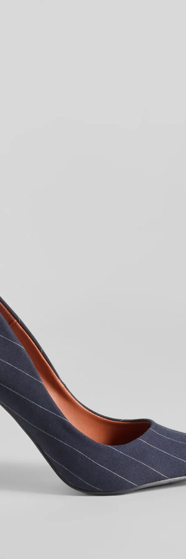 Elevate your work wardrobe with the Pursuit Of Chic Pinstriped Stiletto Pumps in navy, a versatile women's shoe perfect for the office; that combines style with comfort for seamless desk-to-dinner transitions.