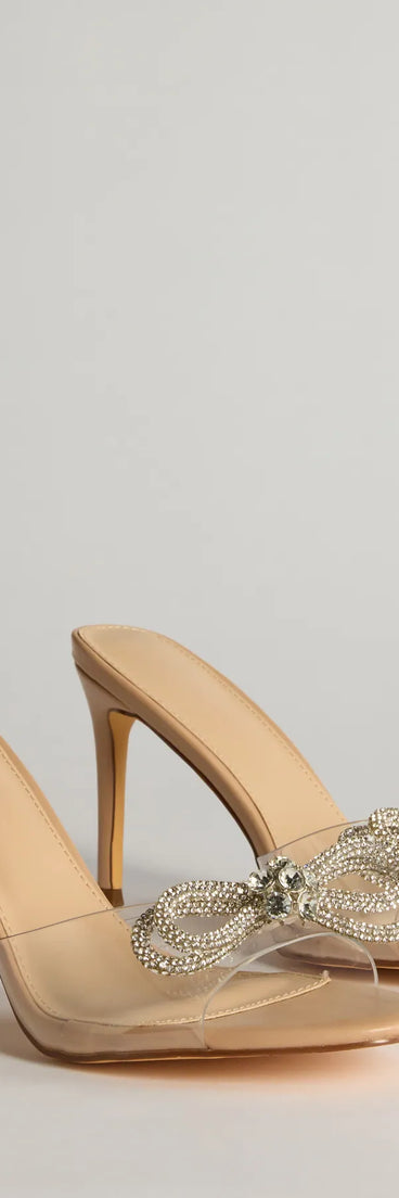 Get ready for any event with the Clearly Glam Rhinestone Bow Stiletto Heels in clear, an essential start to creating a versatile outfit for women for parties, cocktail hours, or Valentine's Day events.