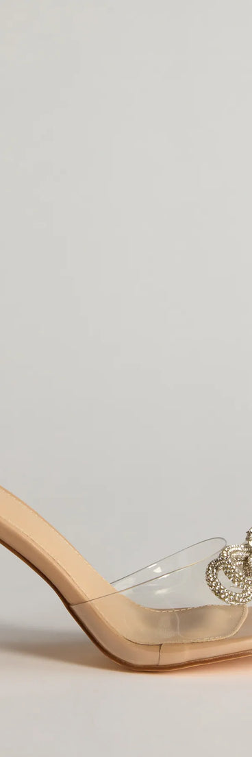 Get ready for any event with the Clearly Glam Rhinestone Bow Stiletto Heels in clear, an essential start to creating a versatile outfit for women for parties, cocktail hours, or Valentine's Day events.