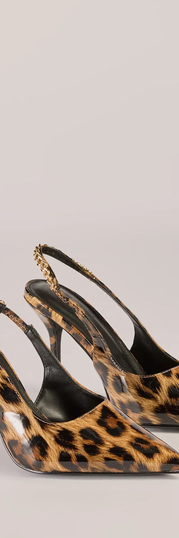 The Wild Glam Leopard Print Slingback Pumps are women's leopard print shoes for work, featuring a sleek silhouette and cushioned sole for all-day comfort, and are a trendy choice for professional or business casual outfits.