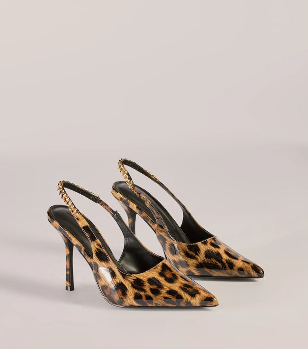 The Wild Glam Leopard Print Slingback Pumps are women's leopard print shoes for work, featuring a sleek silhouette and cushioned sole for all-day comfort, and are a trendy choice for professional or business casual outfits.