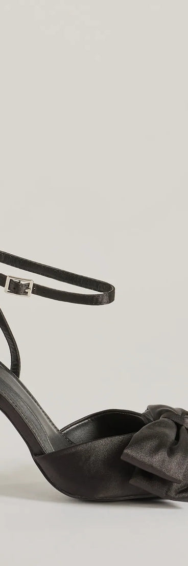 Elegance Elevated Stiletto Bow Heels, a trendy black addition to women's going-out outfits, is ideal for Christmas party outfits, chic NYE attire, or winter night-out looks that keep you on-trend!