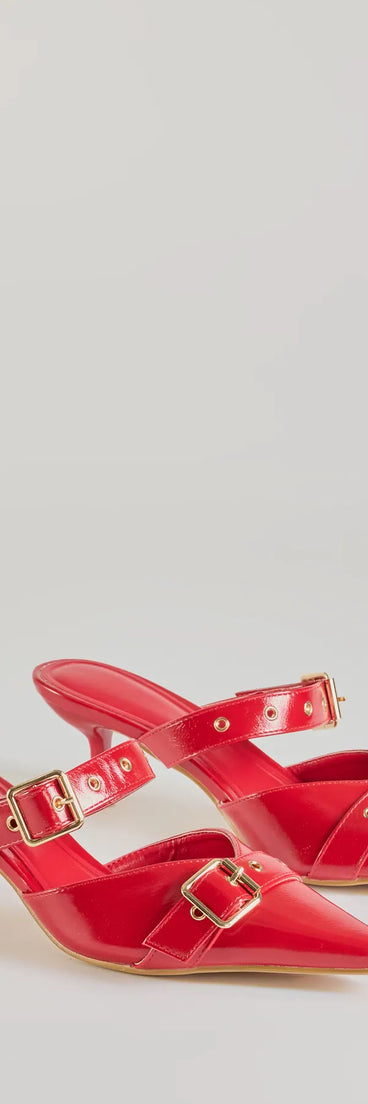 The Keep It Chic Buckle Strap Kitten Heel Mules are women's red shoes for work, featuring a sleek silhouette and cushioned sole for all-day comfort, and are a trendy choice for professional or business casual outfits.