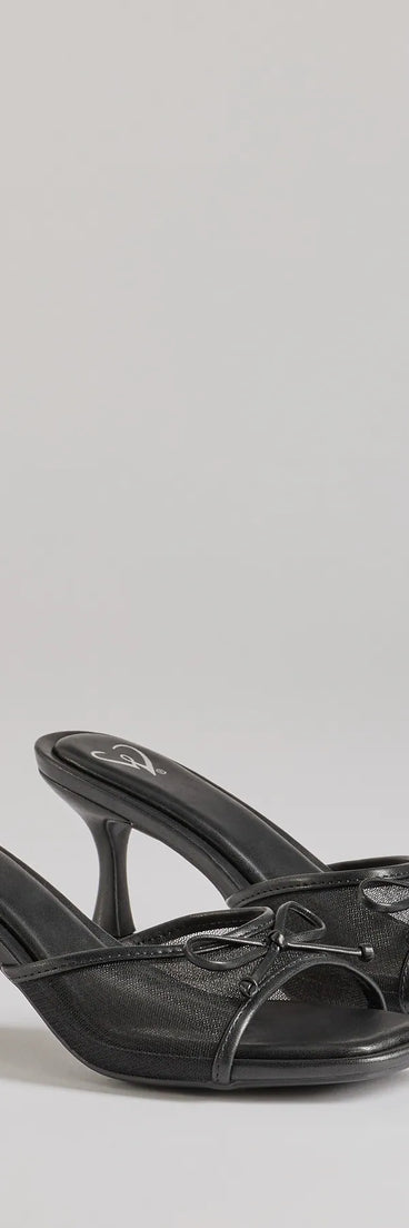 Elevate your work wardrobe with the Adorable Bow Detail Mesh Strap Stiletto Mules in black, a versatile women's shoe perfect for the office; that combines style with comfort for seamless desk-to-dinner transitions.