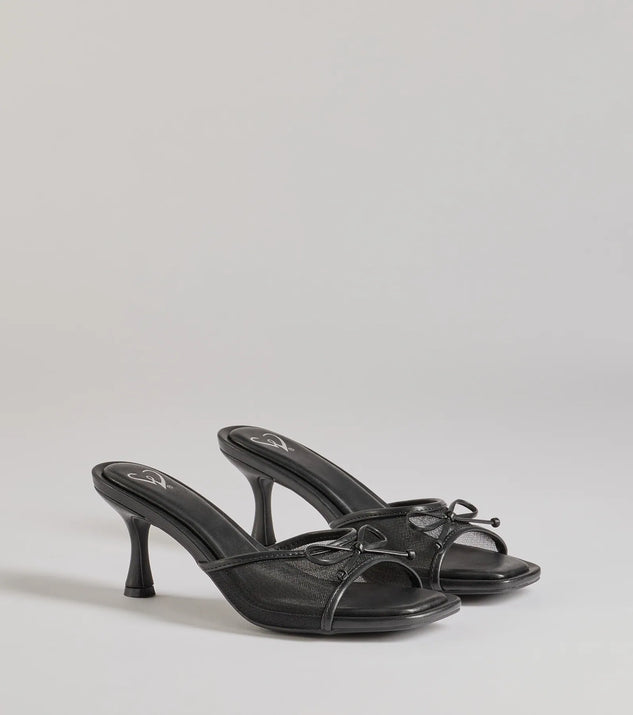 Elevate your work wardrobe with the Adorable Bow Detail Mesh Strap Stiletto Mules in black, a versatile women's shoe perfect for the office; that combines style with comfort for seamless desk-to-dinner transitions.