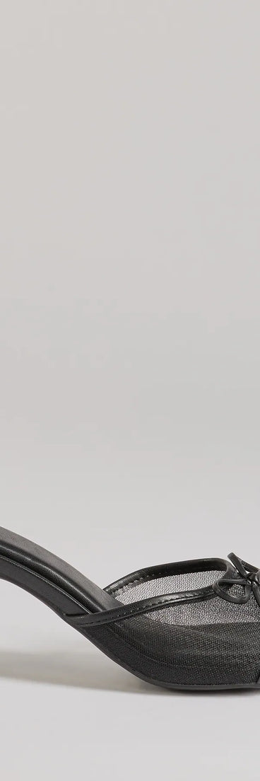 Elevate your work wardrobe with the Adorable Bow Detail Mesh Strap Stiletto Mules in black, a versatile women's shoe perfect for the office; that combines style with comfort for seamless desk-to-dinner transitions.