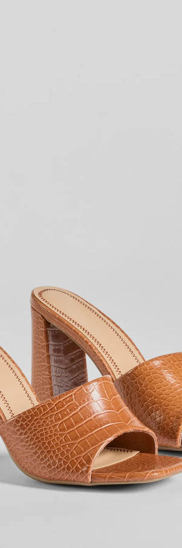 Elevate your work wardrobe with the Chicest Babe Croc Faux Leather Block Heels in tan, a versatile women's shoe perfect for the office; that combines style with comfort for seamless desk-to-dinner transitions.