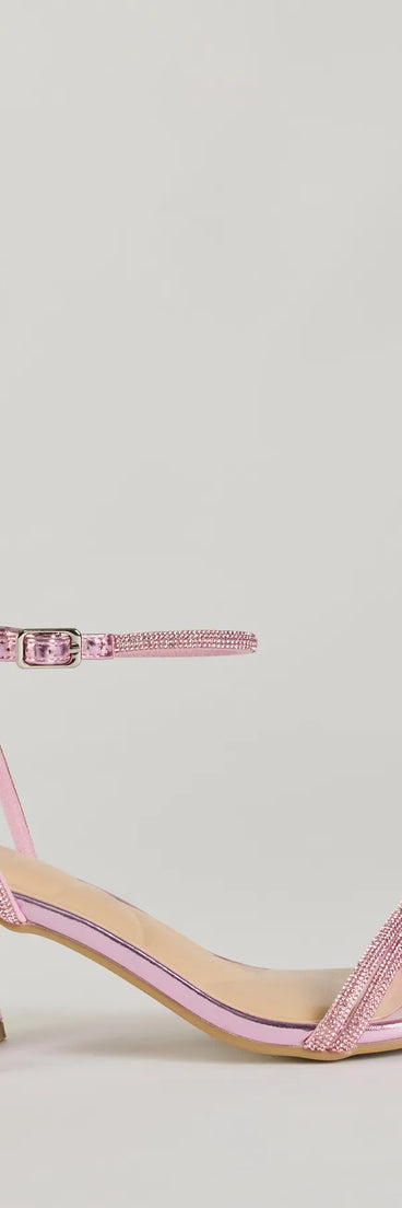 These pink homecoming shoes, the Sparkle Party Rhinestone Metallic Block Heels, combine sleek style and comfort for the perfect night out.