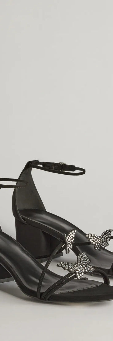 All The Feels Studded Butterfly Block Heels, a trendy black addition to women's going-out outfits, is ideal for Christmas party outfits, chic NYE attire, or winter night-out looks that keep you on-trend!
