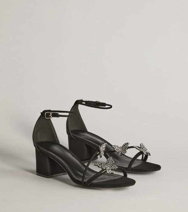 All The Feels Studded Butterfly Block Heels, a trendy black addition to women's going-out outfits, is ideal for Christmas party outfits, chic NYE attire, or winter night-out looks that keep you on-trend!