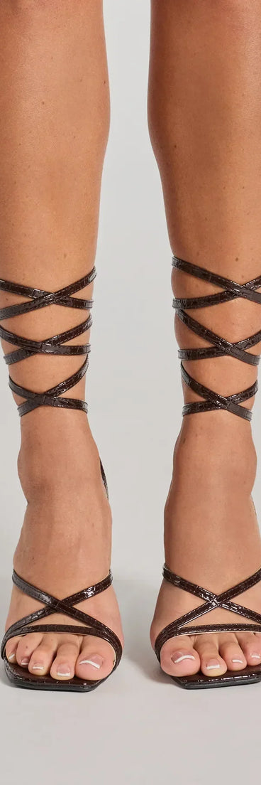 Elevate your work wardrobe with the So Sleek Faux Croc Embossed Lace-Up Block Heels in brown, a versatile women's shoe perfect for the office; that combines style with comfort for seamless desk-to-dinner transitions.