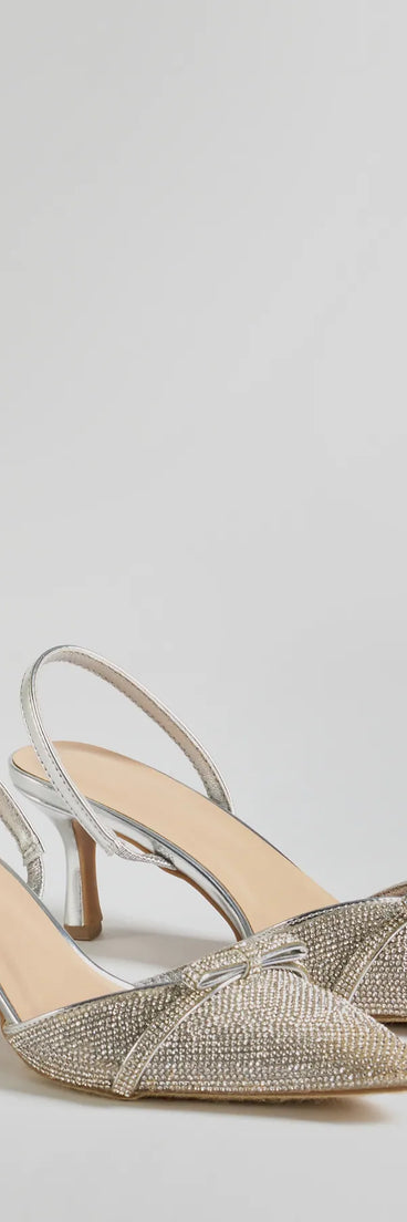 These silver homecoming shoes, the Sparkly Deets Rhinestone Bow Stiletto Pumps, combine sleek style and comfort for the perfect night out.