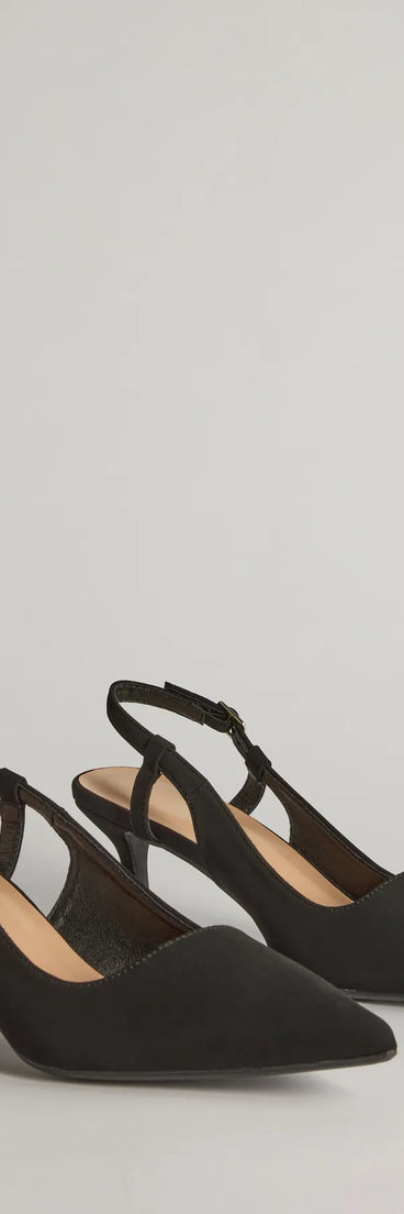Get ready for any event with the Forever Chic Pointed-Toe Slingback Kitten Heels in black, an essential start to creating a versatile outfit for women for parties, cocktail hours, or Valentine's Day events.