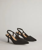 Get ready for any event with the Forever Chic Pointed-Toe Slingback Kitten Heels in black, an essential start to creating a versatile outfit for women for parties, cocktail hours, or Valentine's Day events.