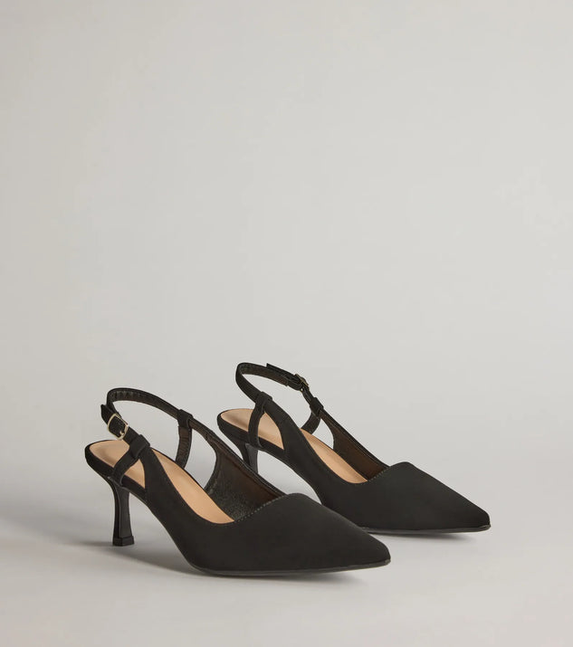 Get ready for any event with the Forever Chic Pointed-Toe Slingback Kitten Heels in black, an essential start to creating a versatile outfit for women for parties, cocktail hours, or Valentine's Day events.